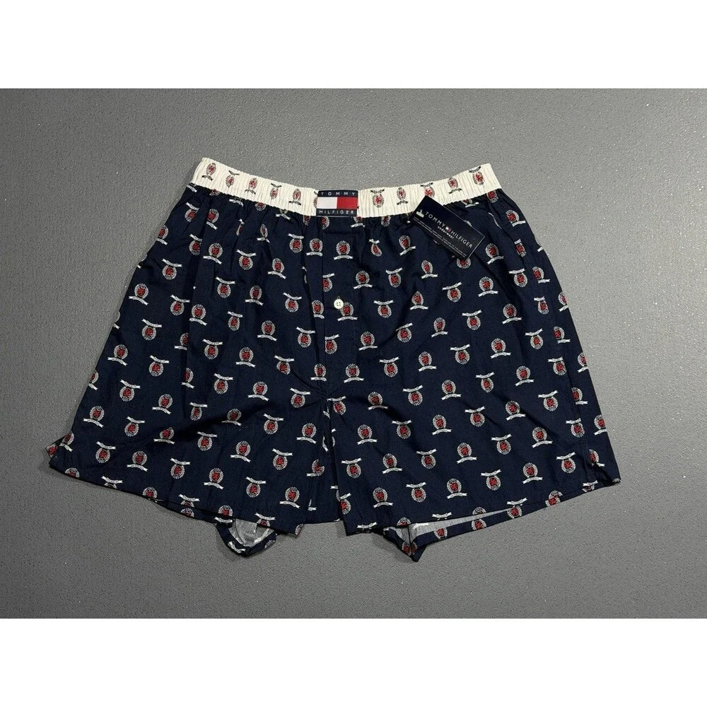 NWT Vtg 2000s Tommy Hilfiger Crest Boxers Large Navy AOP Cotton Lounge Shorts